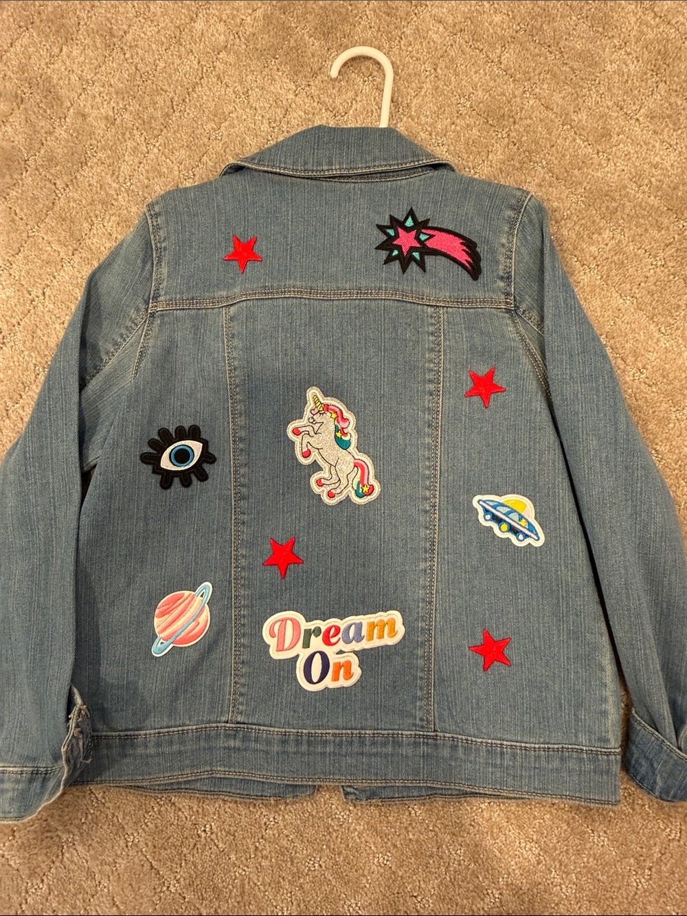 Kids Denim Jacket with Colorful Patchwork - Dream On- size 8- never worn